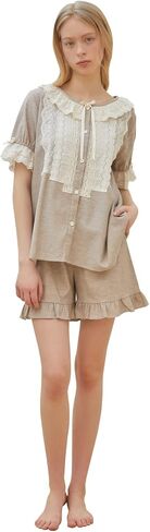 ULLALA Pajamas for Women O-Garden 40'S Short Two-Piece Oatmeal Vintage Soft Sleepwear 2Piece one Size Cotton in Kuwait