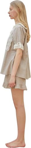 ULLALA Pajamas for Women O-Garden 40'S Short Two-Piece Oatmeal Vintage Soft Sleepwear 2Piece one Size Cotton in Kuwait