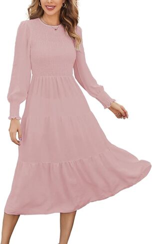 Laeimukkin Long Sleeve Midi Dress High Waist Casual Smocked Tiered Dresses in Saudi Arabia