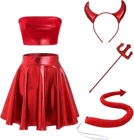 Women Halloween Angle Devil Costume Outfit Wings Halo Headband Wand Devil Horn Pitchfork Tail Cosplay Set in Kuwait