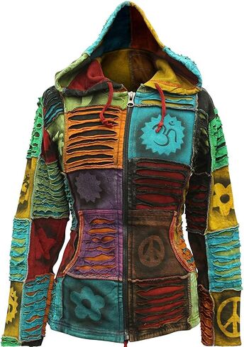 Shopoholic Fashion Slashed Patchwork Pixie Hippie Hoodie Jacket for Women, Lightweight Zip Up Sweater Cardigan in Saudi Arabia