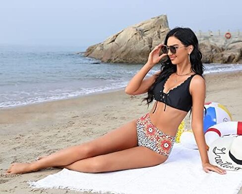 BLUEMING طقم بيكيني نسائي مثير الأزهار قطعتين ملابس السباحة الدانتيل يصل عالية الخصر البطن التحكم ثوب السباحة أسود كبير in Kuwait