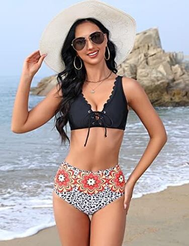 BLUEMING طقم بيكيني نسائي مثير الأزهار قطعتين ملابس السباحة الدانتيل يصل عالية الخصر البطن التحكم ثوب السباحة أسود كبير in Kuwait