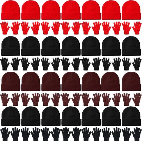 Kenning 56 Pcs Winter Beanies and Gloves Combo Kit Include 28 Pairs Touchscreen Knitted Pack Cold Unisex Set for Warm Cozy Gift Men Women, Black, Coffee, Full Red, about 6.7 x 7.9 inches in Saudi Arabia