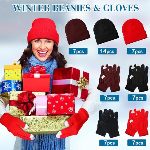 Kenning 56 Pcs Winter Beanies and Gloves Combo Kit Include 28 Pairs Touchscreen Knitted Pack Cold Unisex Set for Warm Cozy Gift Men Women, Black, Coffee, Full Red, about 6.7 x 7.9 inches in Saudi Arabia