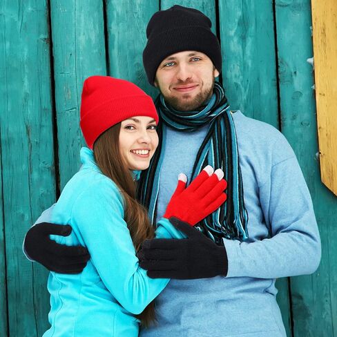 Kenning 56 Pcs Winter Beanies and Gloves Combo Kit Include 28 Pairs Touchscreen Knitted Pack Cold Unisex Set for Warm Cozy Gift Men Women, Black, Coffee, Full Red, about 6.7 x 7.9 inches in Saudi Arabia