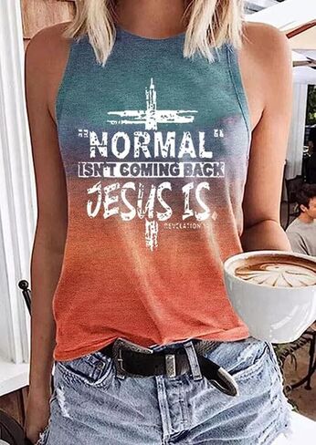 Normal Isn't Coming Back Jesus is Revelation 14 Tank Top Women Faith Jesus Cross Tank Christian Letter Print Tee Tops in Kuwait