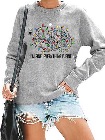 QIANRUO أنا بخير كل شيء على ما يرام البلوز المرأة مضحك إلكتروني طباعة عيد الميلاد تي شيرت أضواء عيد الميلاد الجرافيك البلوز القمم in Kuwait