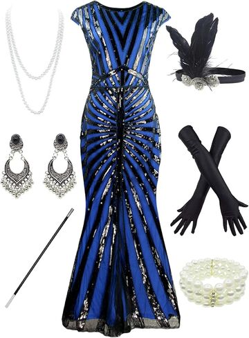 فستان سهرة رسمي للنساء من غاتسبي من العشرينيات من القرن الماضي بترتر حورية البحر مع زي إكسسوارات من العشرينيات in Kuwait