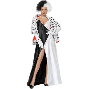 زي Hotcostyle Cruella Deville التنكري للسيدات، فستان Cruella Cape، قفازات معصم، مجموعة كاملة من الملابس لحفلات الهالوين التنكرية