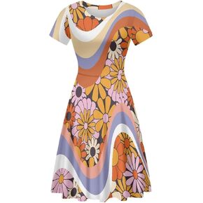 POLERO Women Puffy Swing Elegant Party Midi Dresses Short Sleeve Round Neck A-Line Dress