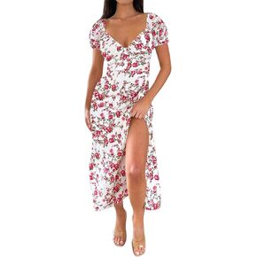 SPRIME Women's Summer Casual Dress V Neck Short Puff Sleeve Midi Dresses Floral Print High Waist Split Thigh A-Line Dress