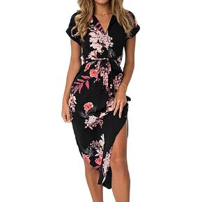 Women's Summer Casual Vacation Dress with Floral Geometric Pattern Short Sleeved midi lace up V-Neck Long Dress in Kuwait