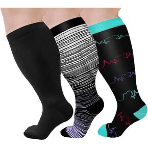 CONRAN KREMIX Plus Size Compression Socks For Women Wide Calves 3 Pairs Knee High Hiking Socks Gym Essentials Socks for Women