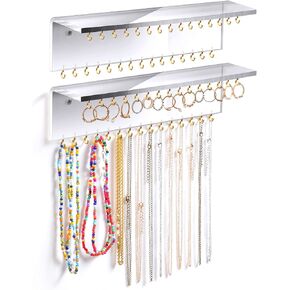 Jetec 2 Pcs Acrylic Hanging Necklace Organizer Wall Mounted with 60 Hooks, Jewelry Organizer Display Holder for Rings, Earrings, Bracelet