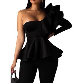 xxxiticat Women's Chic Ruffle Trim High Class Shirt Tops Tube Top Long Sleeve Peplum Bodycon Slim Fit One Shoulder Blouse