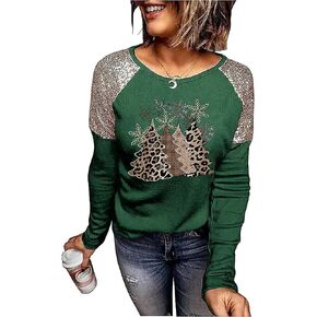 Merry Christmas T-Shirt for Women Christmas Tree Graphic Shirt Xmas Sequined Splicing Long Sleeve Casual Shirts Tops