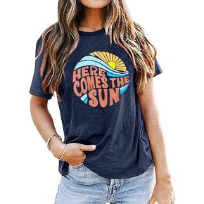 Here Come The Sun Shirt Women Summer Sunshine Print Beach Tops Vintage Vacation Short Sleeve T Shirt in Kuwait