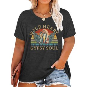 SUPEYA Plus Size Wild Heart Gypsy Soul T-Shirt Women Country Music Graphic Vintage Shirt Casual Short Sleeve Tee Tops