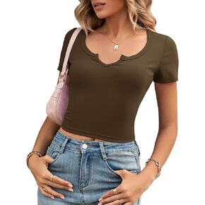 Joywish Women Ribbed V Neck Short Sleeve Crop Tank Top Tee Summer Fitted Shirt Basic Wear(3937)