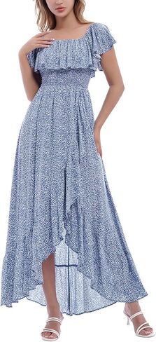 فستان بوهو نسائي طويل مكشوف الكتفين مزين بالورود، فساتين شاطئ صيفية بفتحة واسعة in Kuwait