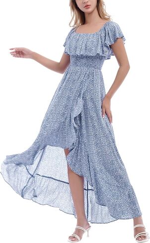 فستان بوهو نسائي طويل مكشوف الكتفين مزين بالورود، فساتين شاطئ صيفية بفتحة واسعة in Kuwait