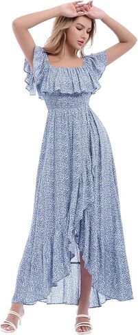 فستان بوهو نسائي طويل مكشوف الكتفين مزين بالورود، فساتين شاطئ صيفية بفتحة واسعة in Kuwait