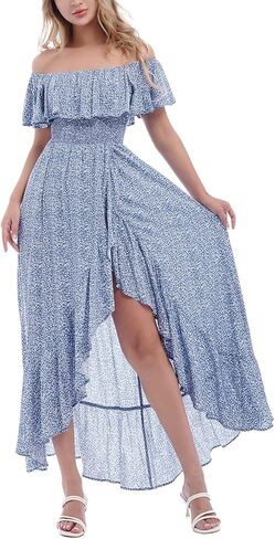 فستان بوهو نسائي طويل مكشوف الكتفين مزين بالورود، فساتين شاطئ صيفية بفتحة واسعة in Kuwait