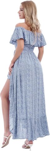 فستان بوهو نسائي طويل مكشوف الكتفين مزين بالورود، فساتين شاطئ صيفية بفتحة واسعة in Kuwait