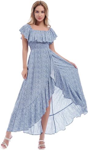 فستان بوهو نسائي طويل مكشوف الكتفين مزين بالورود، فساتين شاطئ صيفية بفتحة واسعة in Kuwait