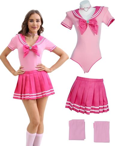 Mobbunny Women Peach Bodysuit Skirt Set With Socks Romper Onesie Button Crotch Daily Halloween Clubwear in Saudi Arabia