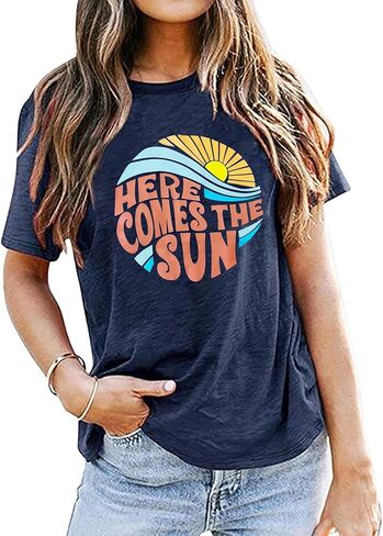 Here Come The Sun Shirt Women Summer Sunshine Print Beach Tops Vintage Vacation Short Sleeve T Shirt in Kuwait