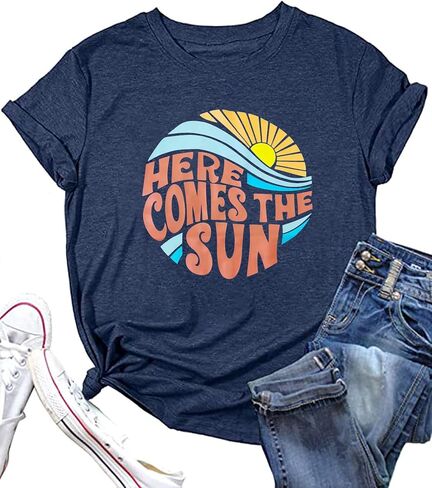 Here Come The Sun Shirt Women Summer Sunshine Print Beach Tops Vintage Vacation Short Sleeve T Shirt in Kuwait