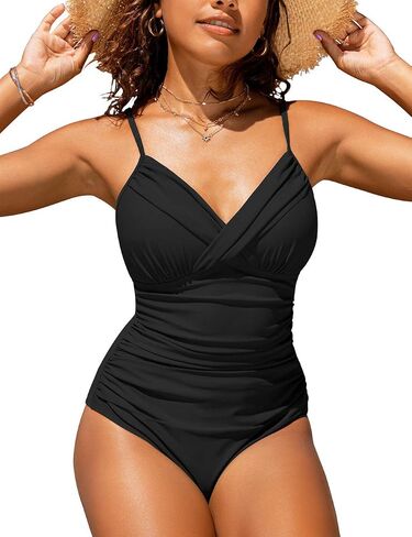 Hilor Women's One Piece Swimsuits Front Twist Swimwear V Neck Shirred Bathing Suit Monokini Tummy Control in Kuwait
