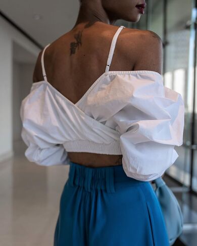 The Drop Women's White Off Shoulder Draped Crop Top by @signedblake in Saudi Arabia
