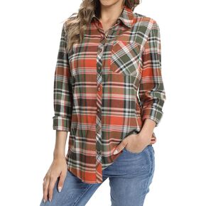 Fuinloth Women's Flannel Button Down Shirt, Plaid Long Sleeve Pure Cotton with Pocket