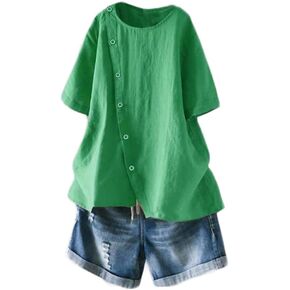 Minibee Women's Linen Blouse Tunic Short Sleeve Shirt Tops With Buttons Decoration in Kuwait