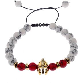 Natural Lava Stone Roman Knight Spartan Warrior Gladiator Helmet Beads Bracelet for Men Mala Yoga Weave Elastic Adjustable Bracelets Medieval Birthday Halloween Cosplay Good Luck Gift Gothic Costume