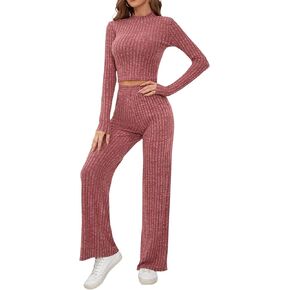 Micoson Women's Two Piece Outfits Knit Lounge Sets Mock Neck Long Sleeve Crop Top Loose Wide Leg Pants Casual Loungewear Set in Saudi Arabia