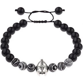 Natural Lava Stone Roman Knight Spartan Warrior Gladiator Helmet Beads Bracelet for Men Mala Yoga Weave Elastic Adjustable Bracelets Medieval Birthday Halloween Cosplay Good Luck Gift Gothic Costume