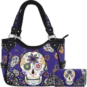 Punk Gothic Rock Metallic Skull Day of the Dead Floral Sugar Skull Leather Purse Women Handbag Shoulder Bag Wallet Set