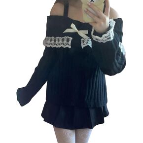 المرأة Y2K الجنية الجرونج سترة كم طويل سليم صالح ستار نمط بلوفر مغزول 2000s الخريف قارب الرقبة لاعبا in Kuwait