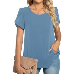 TAOHUADAO Womens 2023 Summer Casual Dressy Shirts Crewneck Petal Short Sleeve Chiffon Work Tops