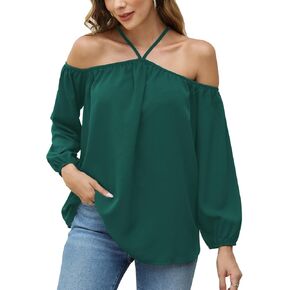 YRZJZYC Women's Off The Shoulder Ruched Long Sleeve Blouse Spaghetti Halter Shirt Tops