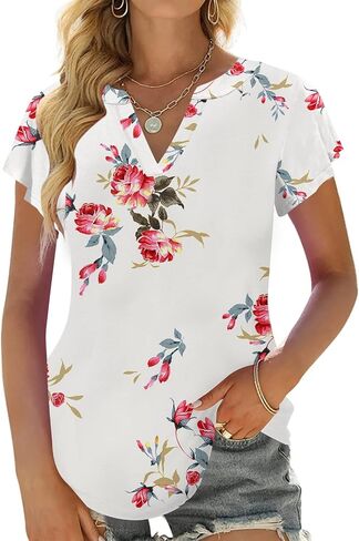 Leafsay 2023 Womens Summer Tops V Neck Ruffle Short Sleeve Tshirts Tunic Casual Tops Blouses for Women in Kuwait