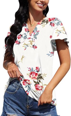 Leafsay 2023 Womens Summer Tops V Neck Ruffle Short Sleeve Tshirts Tunic Casual Tops Blouses for Women in Kuwait