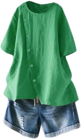 Minibee Women's Linen Blouse Tunic Short Sleeve Shirt Tops With Buttons Decoration in Kuwait