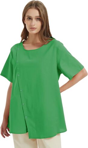 Minibee Women's Linen Blouse Tunic Short Sleeve Shirt Tops With Buttons Decoration in Kuwait