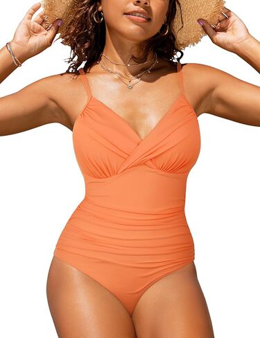 Hilor Women's One Piece Swimsuits Front Twist Swimwear V Neck Shirred Bathing Suit Monokini Tummy Control in Kuwait