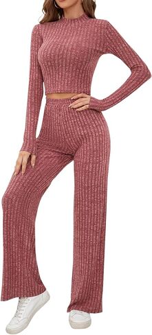 Micoson Women's Two Piece Outfits Knit Lounge Sets Mock Neck Long Sleeve Crop Top Loose Wide Leg Pants Casual Loungewear Set in Saudi Arabia
